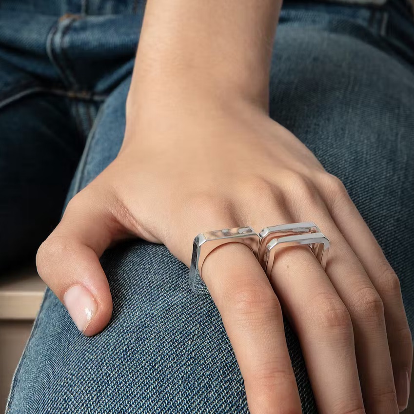 Zadig Voltaire Cecilia Rings Set 2 Silver-Tone Open C Square Size 2 52 99$